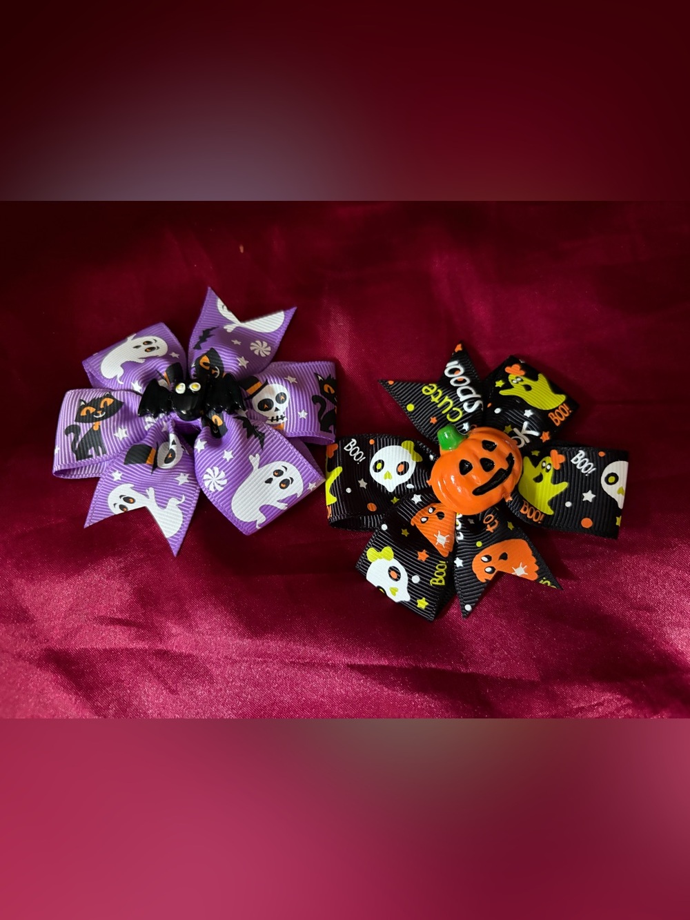 Halloween Ribbon Hair Bows - Purple & Black Pumpkin Ghost Designs